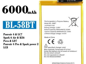 互換 バッテリー BL-58BT 対応 Tecno Pouvoir 4 / Pouvoir 4 Pro/ Spark 6 Air / Spark power 2
