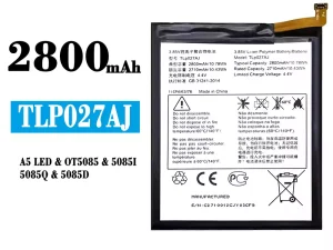 互換 バッテリー TLP027AJ 対応 Alcatel A5 LED/OT5085/5085I/5085Q/5085D